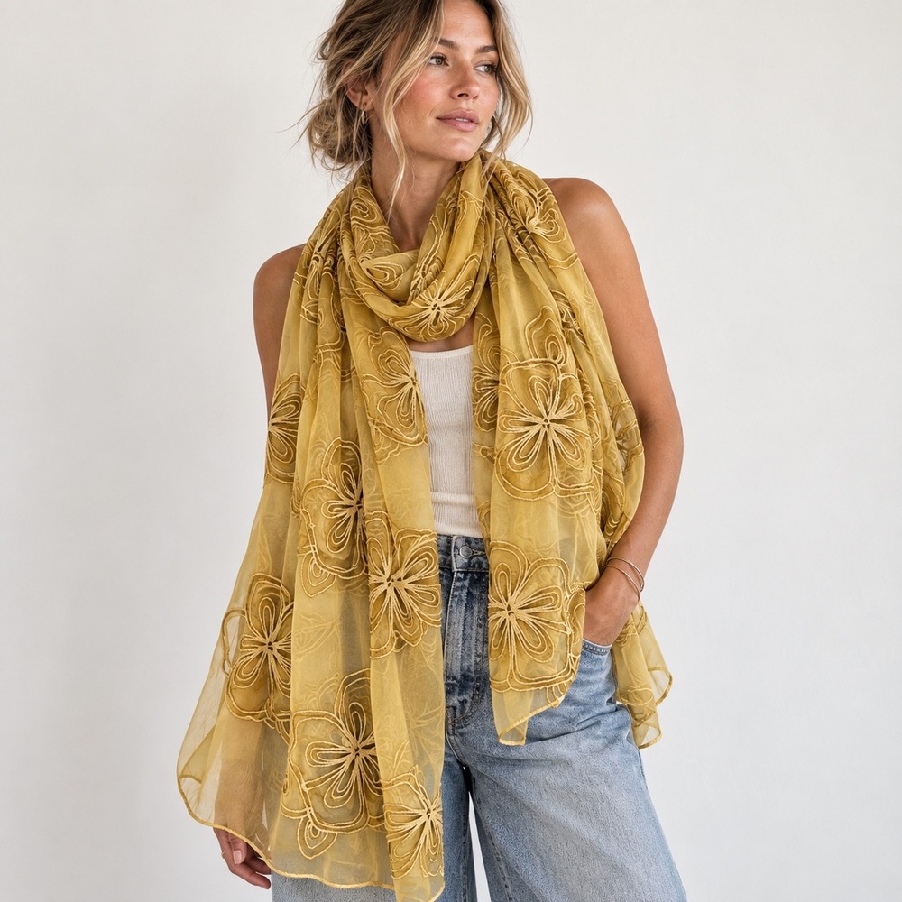 100% Silk Scarf Sheer Gold Yellow Floral Embroidered Sheer Made in Italy Boho